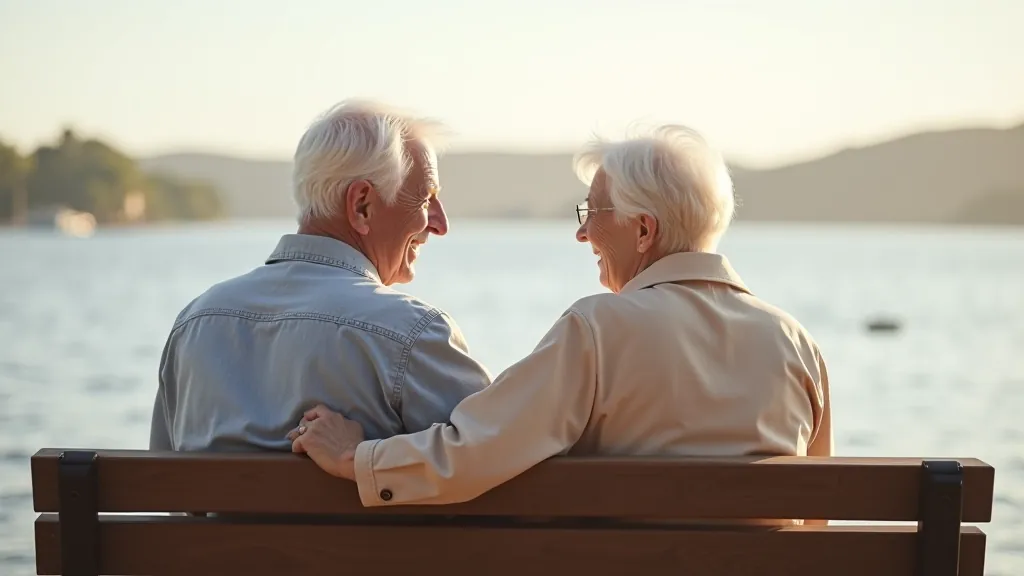 alphix seniori sēž uz sola pie ostas, runājot un smējot kopā