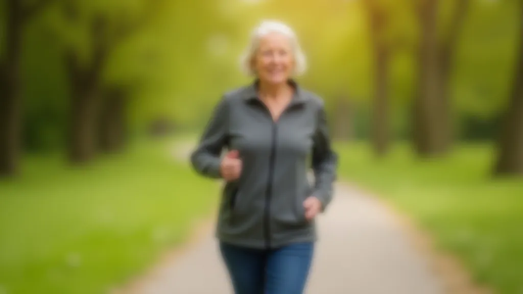Senioru sieviete mērķtiecīgi pārgāj pa parkā, uzrādot spēku un pārliecību