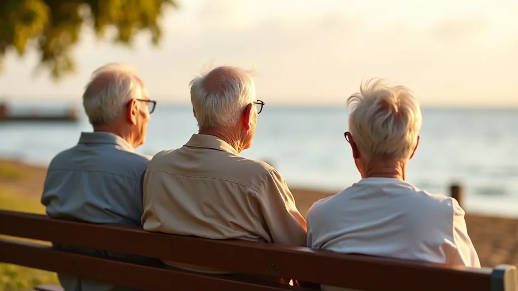 Trīs seniori sēž kopā uz ostas soliņa, skatās uz jūru, vēlās pēcpusdiena, skaista debess