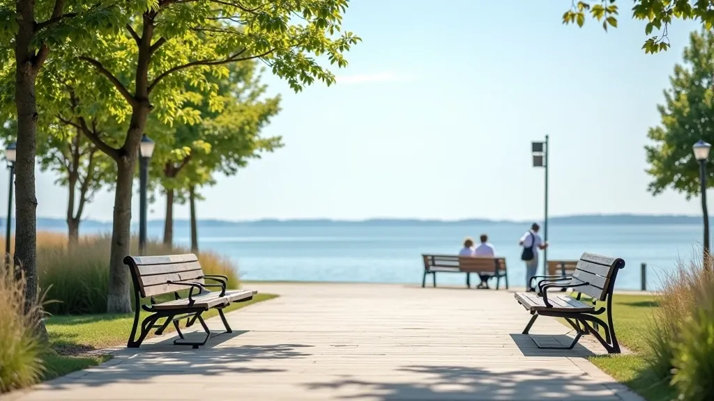 Ventspils Jūras parka ieejas zonā, soliņi, skaidrs cel, vasaras atmosfēra, tukši ceļi